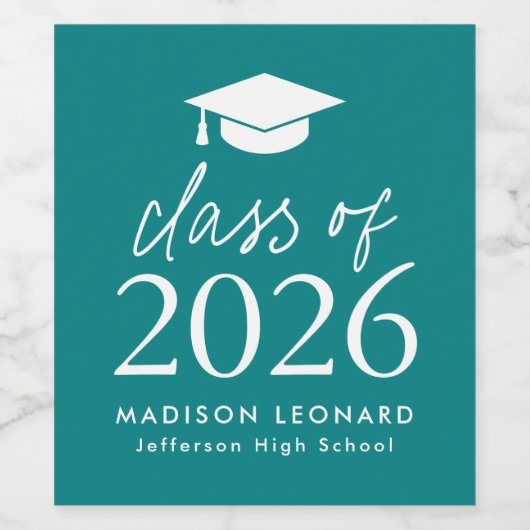 Moderne Klasse 2025 Script Aquamarin Abschluss Weinetikett (Einzelnes Label)