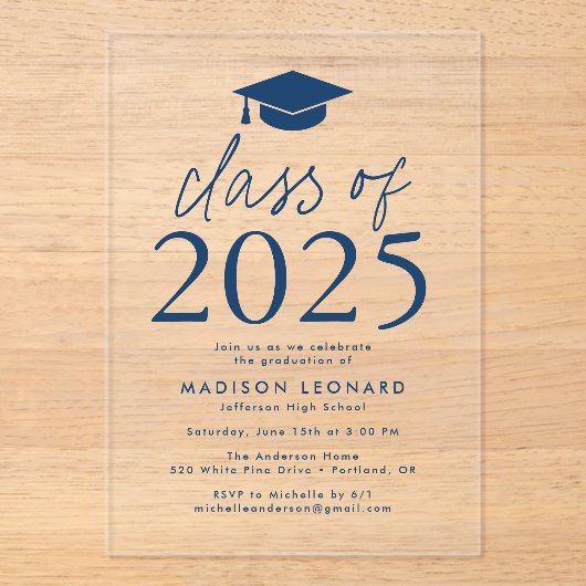 Moderne Klasse der Navy Graduation Party 2025 Acryleinladungen (Vorderseite)