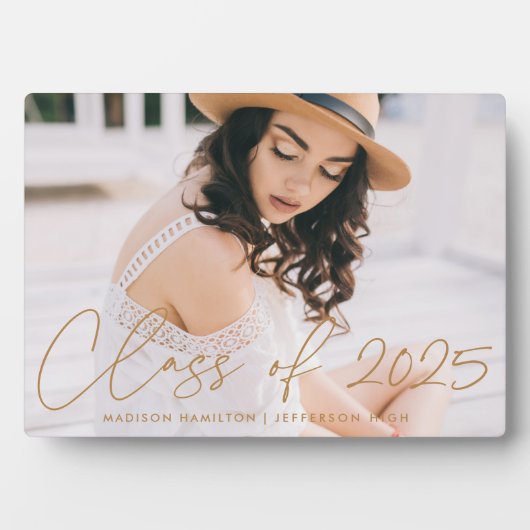 Moderne Klasse des 2025 Gold Script Abschluss Foto Fotoplatte (Vorderseite)