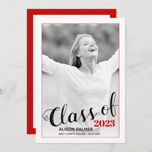 Moderne Klasse des roten Fotos mit Skripten für 20 Einladung (Vorne/Hinten)