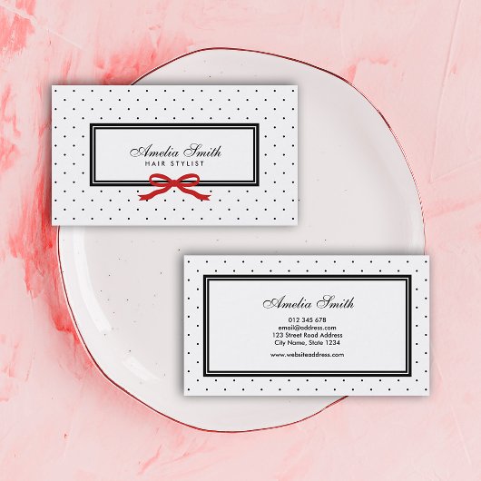 Moderne Klassik Schwarz-weiß Polka Dot Red Ribbon Visitenkarte