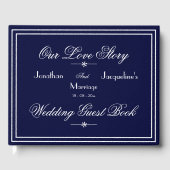 Moderne klassische Chic Script Navy Blue Wedding Gästebuch (Vorderseite)