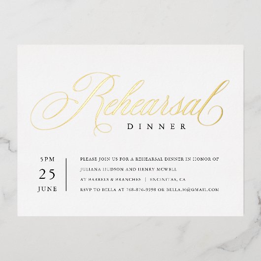 Moderne klassische Foil Probe Dinner Einladung Bei (Vorderseite)