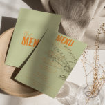 Moderne klassische, helle, Whimsikale einzigartige Menükarte<br><div class="desc">Ein buntes Retro funky modernes helles Abendmenü. Das Design ist schick,  Vintag hellgrün,  orange und fett in orange. Perfekt und passend zu der ganzen Suite.</div>