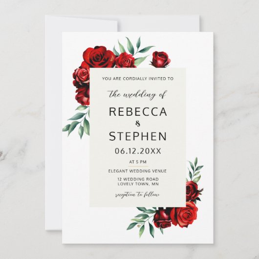 Moderne klassische Rote Rose Elfenbeinblumen-Hochz Einladung (Vorderseite)