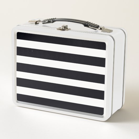 Moderne klassische schicke Schwarz und Weiß gestre Metall Brotdose (Vorderseite)
