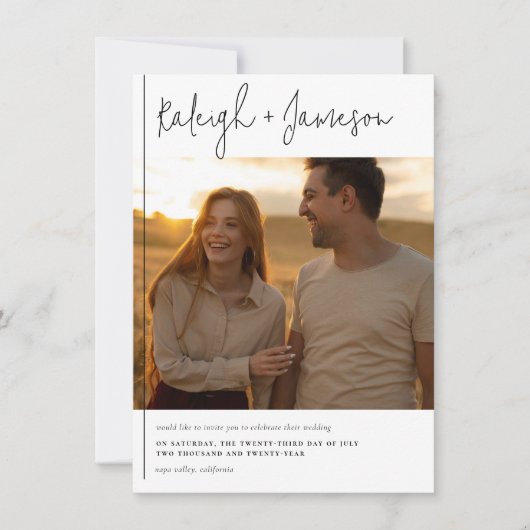 Moderne klassische Schrift 2 Fotos Hochzeit Einladung (Vorderseite)