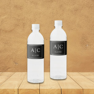 Moderne klassische Schwarz-Monogramm-Hochzeit Wasserflaschenetikett