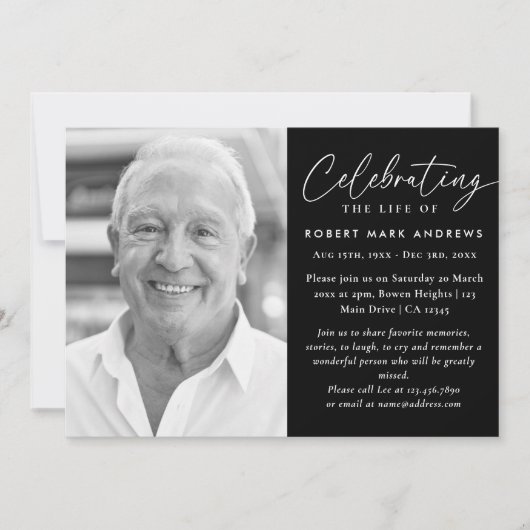 Moderne klassische Schwarz-weiße Feier des Lebens Einladung (Vorderseite)