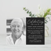 Moderne klassische Schwarz-weiße Feier des Lebens Einladung (Stehend Vorderseite)