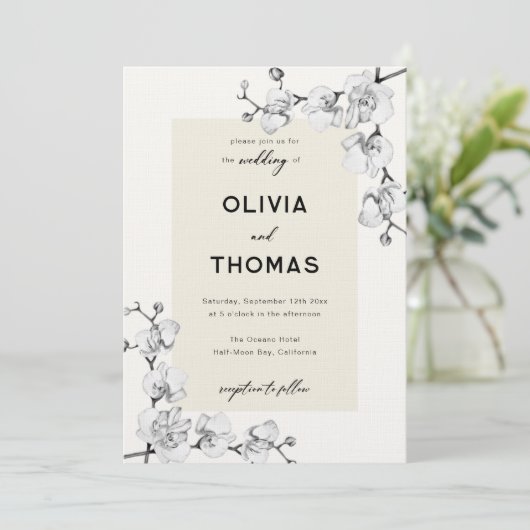Moderne klassische Schwarz-weiße Orchideen Einladung (Stehend Vorderseite)