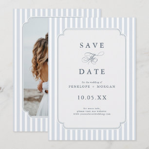 Moderne klassische Streifen Staubblau Vintage-Foto Save The Date