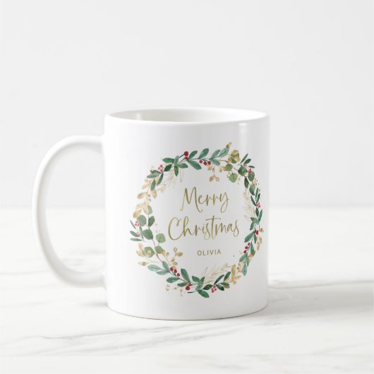 Moderne Kleider und Gold-Script | Frohe Weihnachte Kaffeetasse (Links)