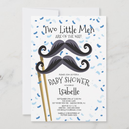 Moderne Kleine Männer Mustache Twins Kinderdusche Einladung (Vorderseite)