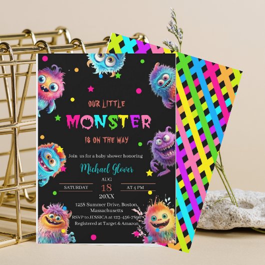 Moderne Kleine Monster Wasserfarben Babydusche Einladung