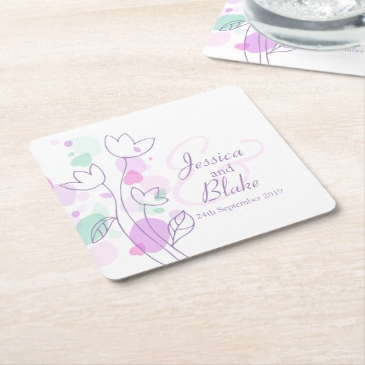 Moderne Konfetti Blume Name Datum Hochzeit Unterse Rechteckiger Pappuntersetzer (angewinkelt)