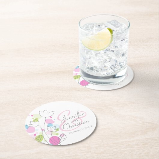 Moderne Konfetti Blume Name Datum Hochzeit Unterse Runder Pappuntersetzer (Vor Ort)