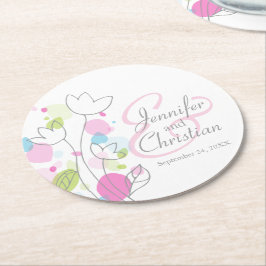 Moderne Konfetti Blume Name Datum Hochzeit Unterse Runder Pappuntersetzer