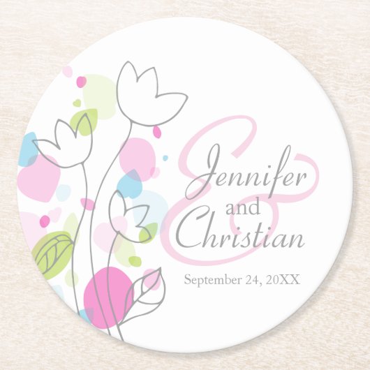 Moderne Konfetti Blume Name Datum Hochzeit Unterse Runder Pappuntersetzer (Vorderseite)