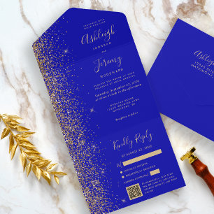 Moderne königliche blaue Gold-Glitter-QR-Code-Hoch All In One Einladung