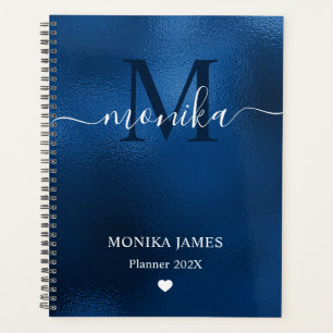 Moderne königsblaue Monogramm mit gebürstetem Meta Planer