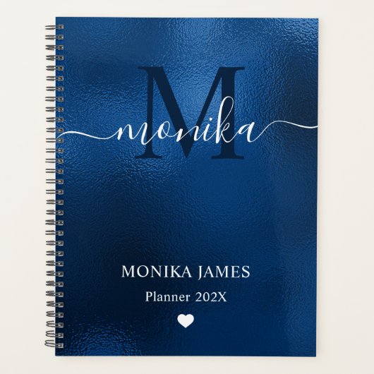Moderne königsblaue Monogramm mit gebürstetem Meta Planer (Vorderseite)
