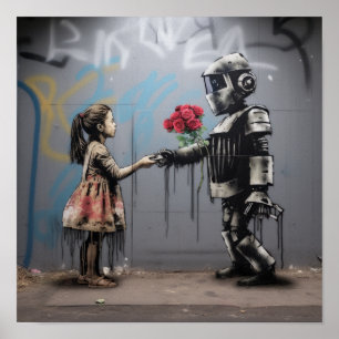 Moderne Kontraste: Banksy Street Art mit Robot und Poster