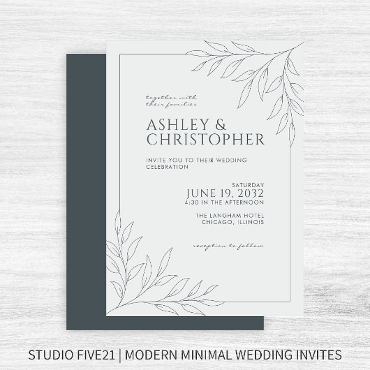 Moderne Kontur Gray Foliage Hochzeit Einladung