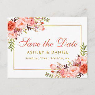 Moderne Korallen-Blumen Gold Save the Date Ankündigungspostkarte