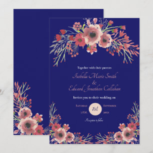 Moderne Korallen-Pfingstrose Florale Navy-Hochzeit Einladung