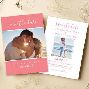 Moderne Korallen-Schriftfoto-Hochzeit Save The Date
