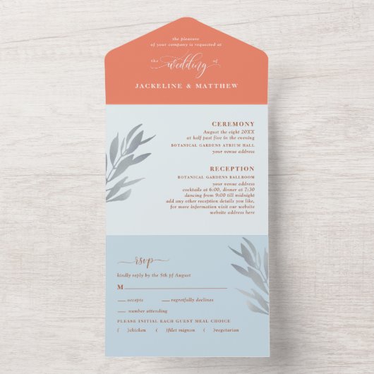 Moderne Korallen- und Blautöcher mit Perforierten All In One Einladung (Innen Boden)