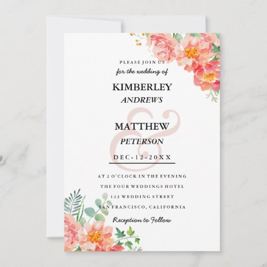 Moderne Korallenblüte Rosa Aquarell elegante Hochz Einladung (Vorderseite)