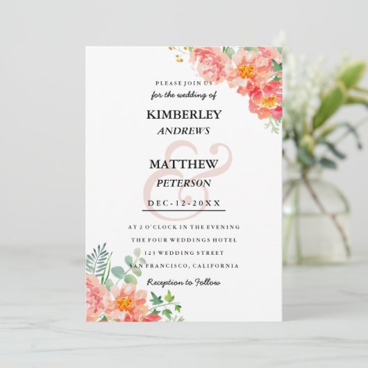 Moderne Korallenblüte Rosa Aquarell elegante Hochz Einladung (Stehend Vorderseite)