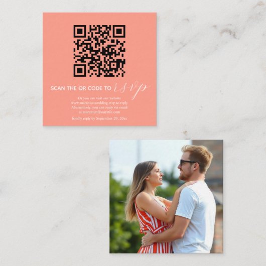 Moderne Korallenhochzeit mit QR-Code Begleitkarte (Vorne/Hinten)