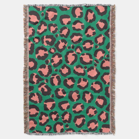 Moderne Korallenrosa Schwarzer Grüner Leopard Tier Decke (Vorderseite Vertikal)