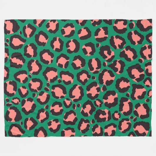 Moderne Korallenrosa Schwarzer Grüner Leopard Tier Fleecedecke (Vorderseite (Horizontal))
