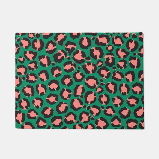 Moderne Korallenrosa Schwarzer Grüner Leopard Tier Fußmatte (Vorderseite)