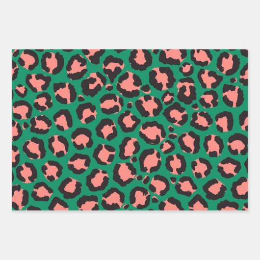 Moderne Korallenrosa Schwarzer Grüner Leopard Tier Geschenkpapier Set (Vorderseite 3)