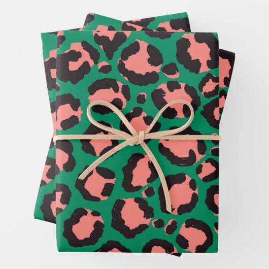 Moderne Korallenrosa Schwarzer Grüner Leopard Tier Geschenkpapier Set (Beispiel)