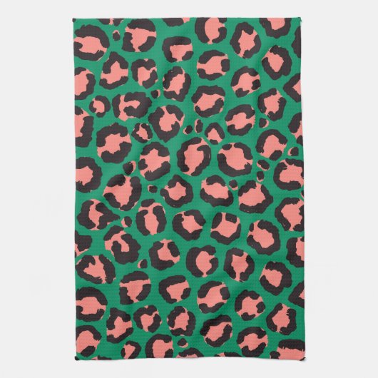 Moderne Korallenrosa Schwarzer Grüner Leopard Tier Geschirrtuch (Vertikal)