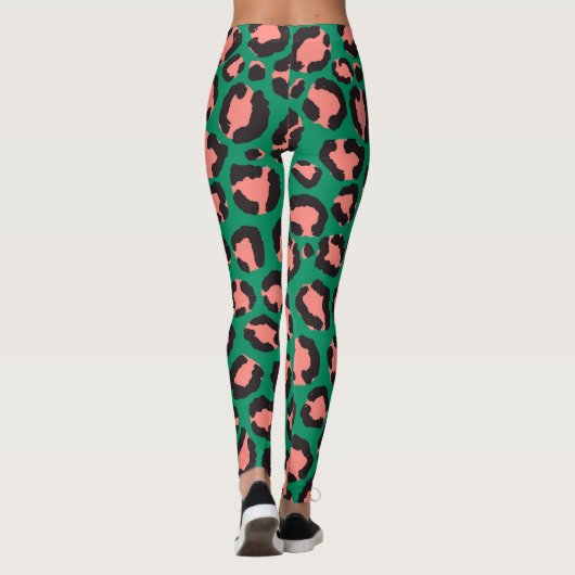 Moderne Korallenrosa Schwarzer Grüner Leopard Tier Leggings (Rückseite)