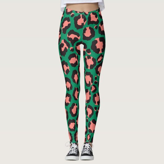 Moderne Korallenrosa Schwarzer Grüner Leopard Tier Leggings (Vorderseite)