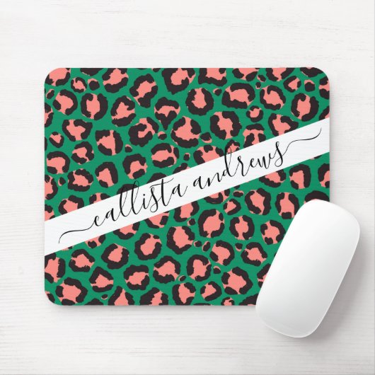 Moderne Korallenrosa Schwarzer Grüner Leopard Tier Mousepad (Mit Mouse)