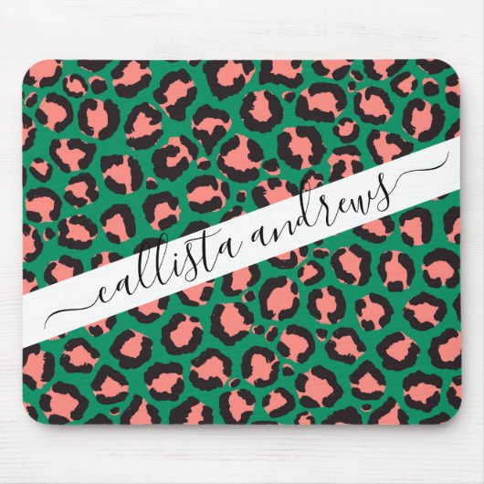 Moderne Korallenrosa Schwarzer Grüner Leopard Tier Mousepad (Vorne)