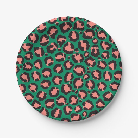 Moderne Korallenrosa Schwarzer Grüner Leopard Tier Pappteller (Vorderseite)