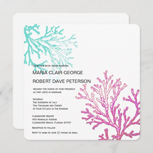 Moderne korallenrote Strand-Hochzeit in Einladung (Vorne/Hinten)