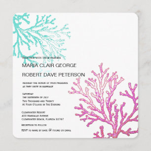 Moderne korallenrote Strand-Hochzeit in Einladung