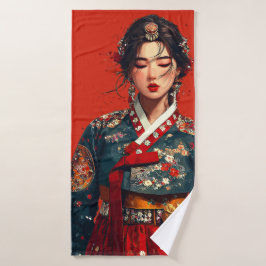 Moderne koreanische Frau im Hanbok-Porträt Badhandtuch Set