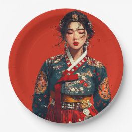Moderne koreanische Frau im Hanbok-Porträt Pappteller